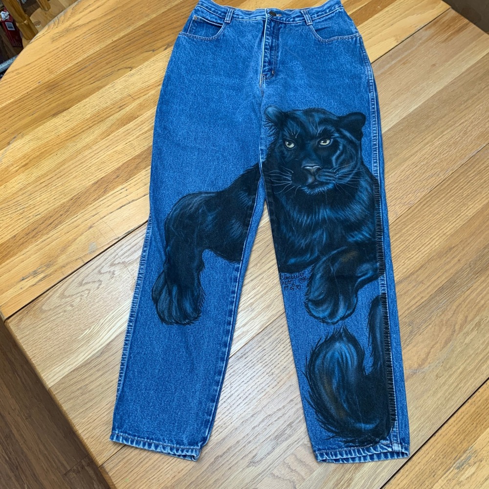 Vintage Giorgio Sant' Angelo Hand Painted Black Panther Jeans 90s‎ Mom Denim 10
